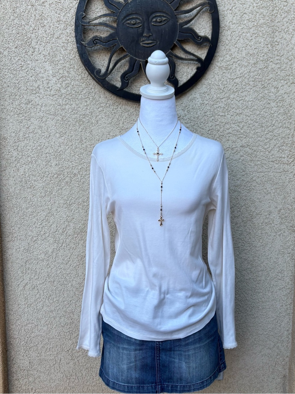 Cuddl Duds Cream Lace Trim Long Sleeve Shirt Layering Basics